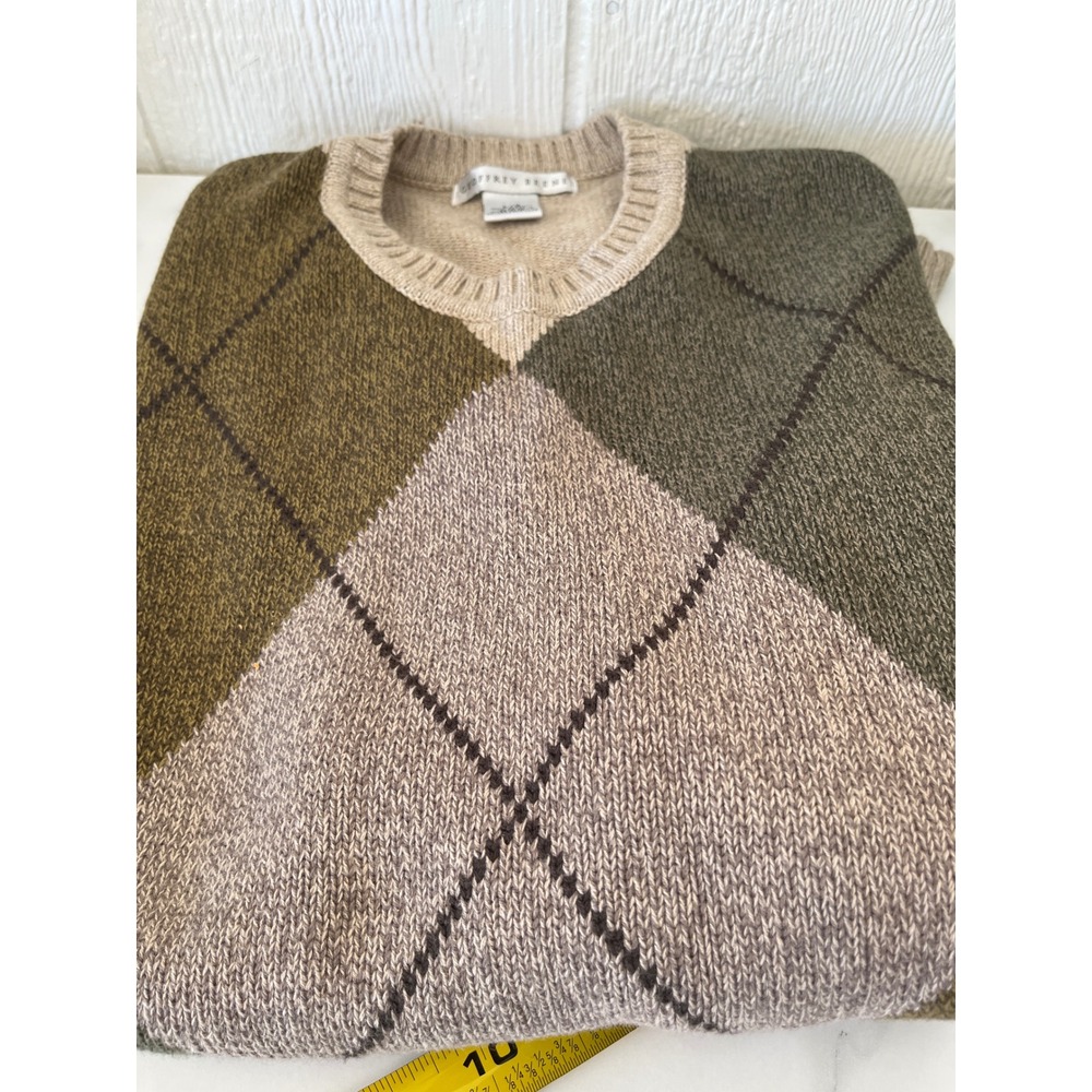 Vintage GEOFFREY BEENE Mens L G Argyle V Neck Sweater 100% Cotton Tan Green